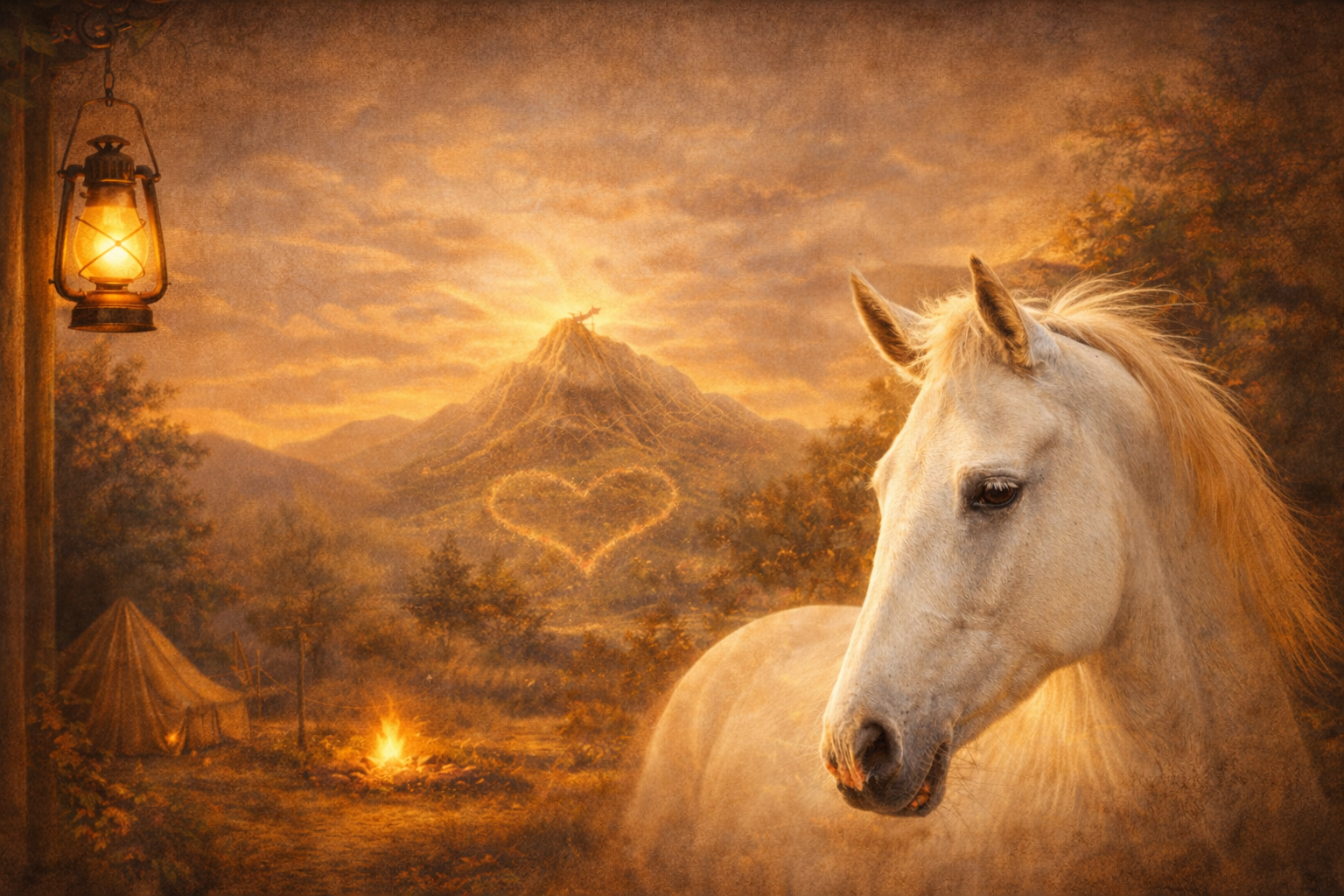 Digital art of a white Lipizzan horse, Novella, in a golden mountain landscape with a lantern hanging on a wooden post and a tent at basecamp. A heart glows over the mountain peak imagery for the blog post horsemanship love language